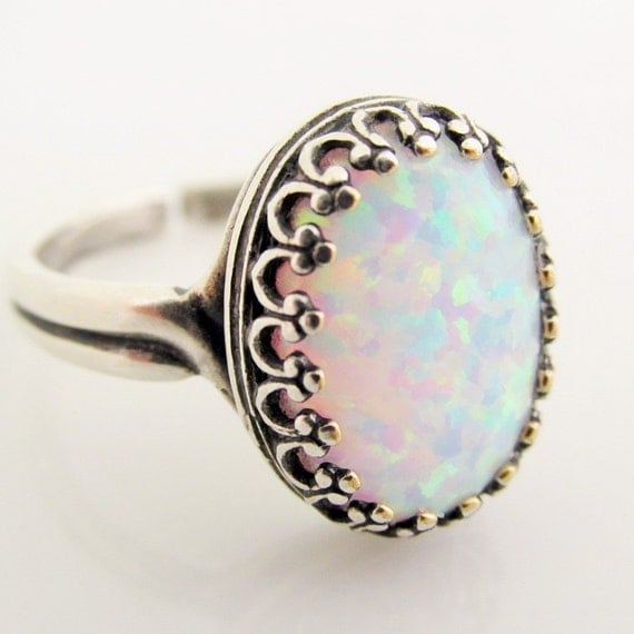 Opal Ring Antique Silver Lab Created Opal by pinkingedgedesigns