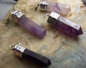 ONE Amethyst crystal necklace pendant - gemstone polished stone point - silver cap dark purple - focal bead coyoterainbow - chain or cord
