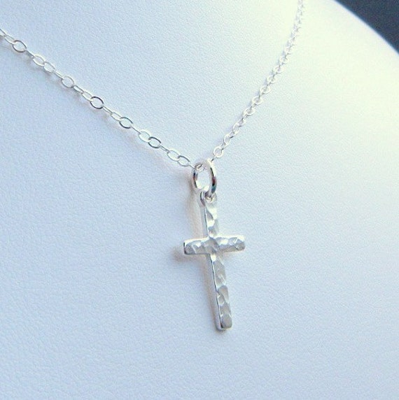 Silver Cross Necklace Small Sterling Silver Hammered Pendant 7768