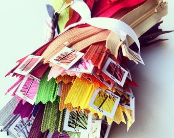 YKK Zippers- 65 Piece Sampler Set- One of each color -LABELED- Nylon coil YKK Closed Bottom Zippers for Skirts, Dresses, Pouches and more