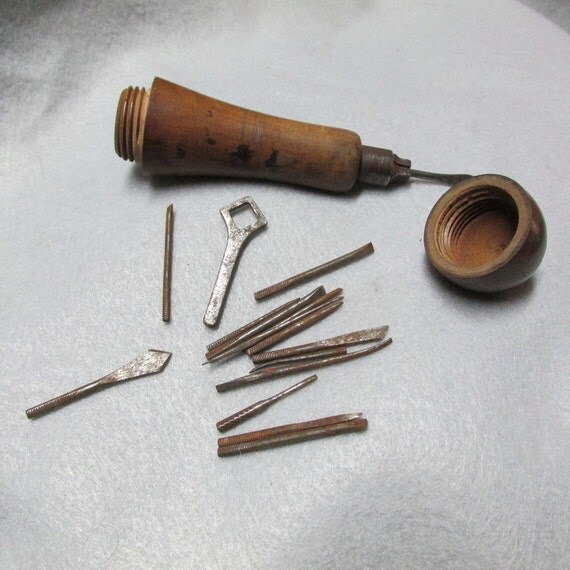Items similar to Antique Wood Handle Multi Tool With 16 Bits, Leather