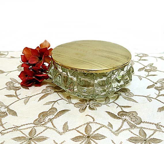 Glass Trinket Box Brass Lid Vintage 1960s Pressed by CoconutRoad
