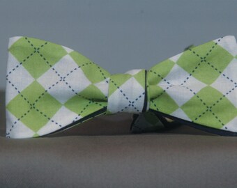 Green, White and Blue accent Argyle Bow Tie