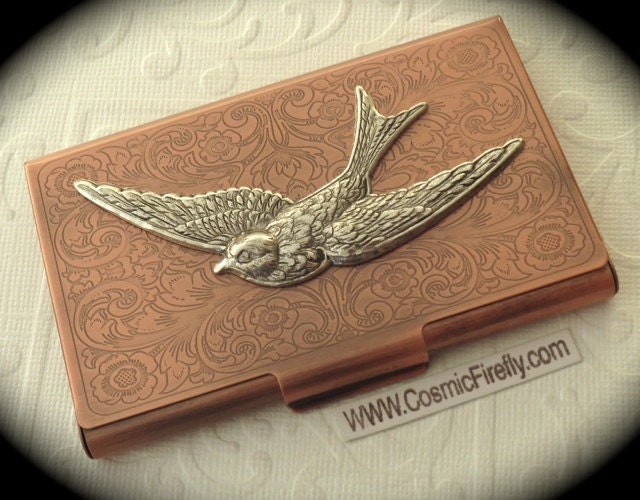 Copper Business Card Case Silver Bird Steampunk Card Case Bird Card Holder Gothic Victorian Style Card Case New Handcrafted Card Case Metal