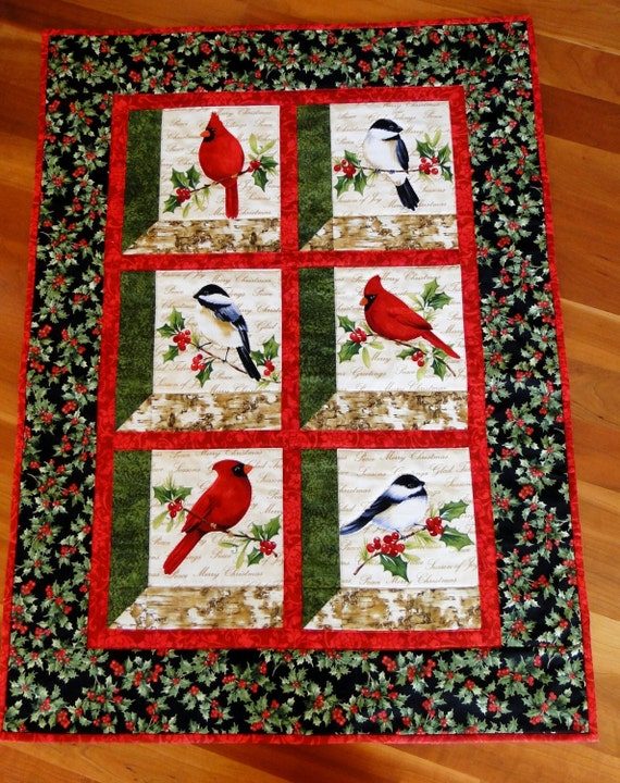 Cardinals and Chickadees Winter Birds Quilted Throw Table