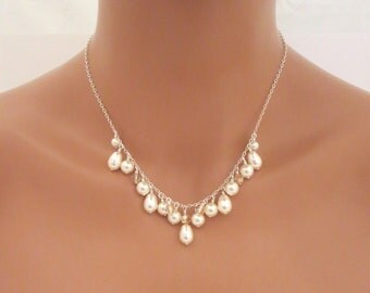 Pearl Bridal Necklace, Simple Wedding necklace, Wedding jewelry, Simple backdrop necklace, Swarovski crystal necklace, Sterling silver