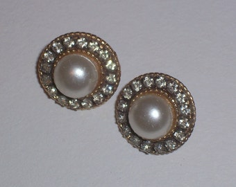 Vintage Pierced Faux Pearl Earrings with Rhinestone