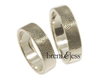 Set of fingerprint wedding rings 6mm/6mm--Set of Two-- Custom Fingerprint rings or Commitment Bands with Single Fingertip Whorl Print