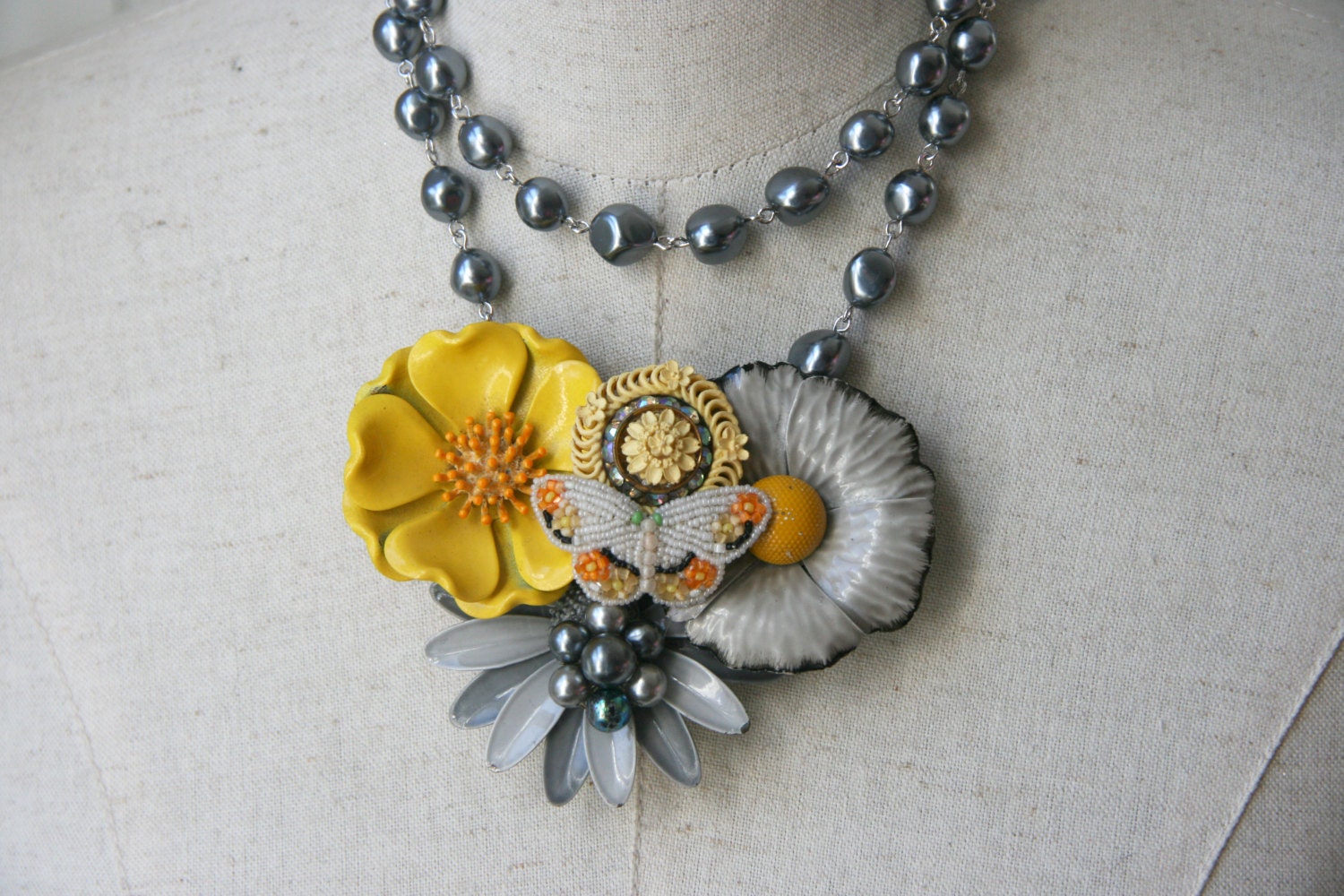 Mustard Grey Yellow Necklace Vintage Brooch by FiorellaJewelry