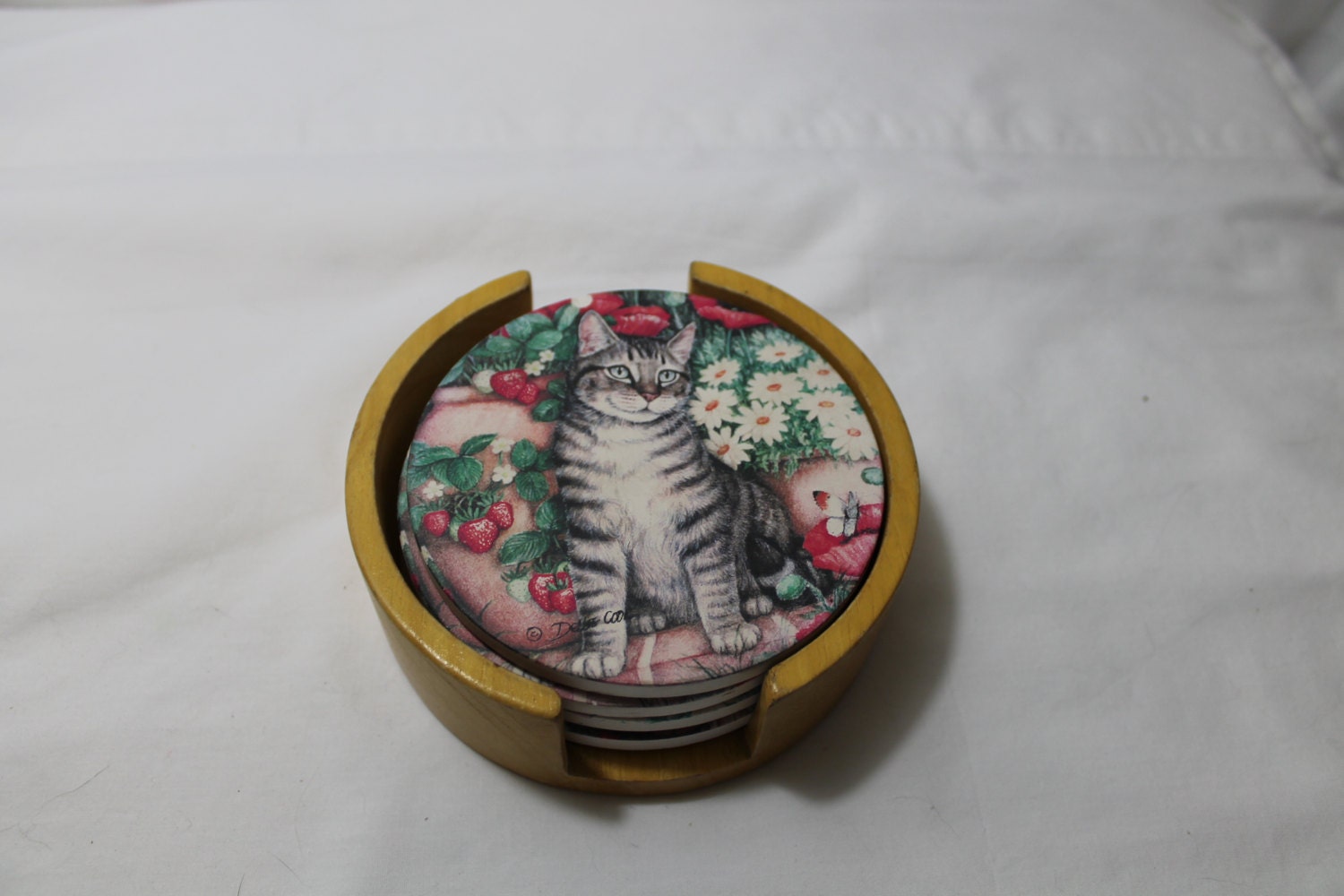 Set of 4 Ceramic Debbie Cook Cat Coasters With Wooden Holder