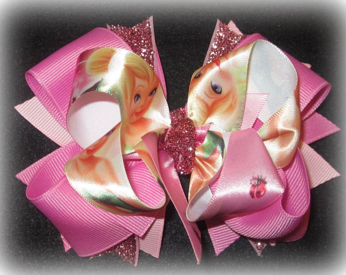 Pink hairbows, Birthday party bow, Tinkerbell Hair Bow, Tinker Bell Hairbow, Pixie Fairy Hairbows, Princess Hairbow, Boutique Bow, Large bow