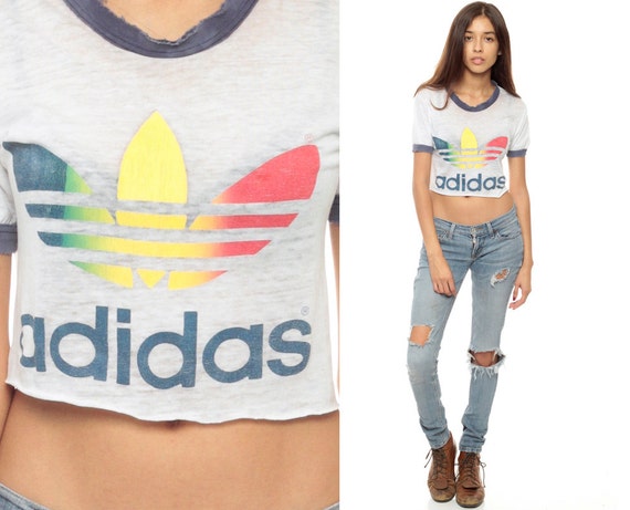 ADIDAS T Shirt 80s TShirt BURNOUT Crop Top Distressed Athletic