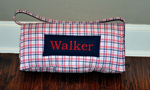 Nap Mat - Monogrammed Navy & Red Plaid Nap Mat with Navy Minky Dot Blanket