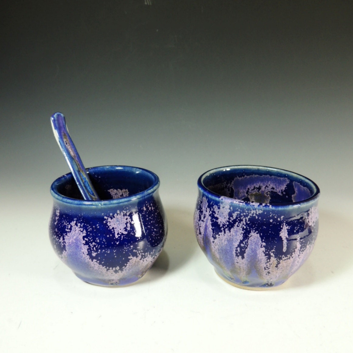 Salt and Pepper Condiment Bowls with Handmade Spoon in Purple