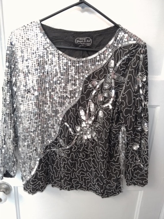 shiny metallic silver sequin shirt blouse Large by BrightCloset