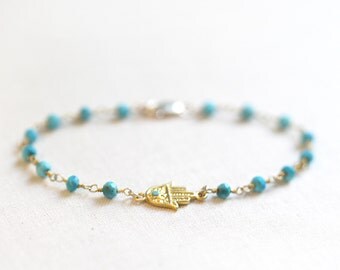 Hamsa Bracelet | Turquoise Beaded Hamsa Bracelet | Rosary Style Bracelet | Turquoise and Gold Bracelet
