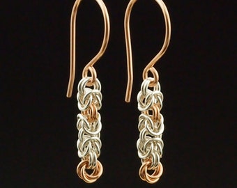 14kt Rose Gold Filled and Argentium Sterling Silver Earrings - Wee Maille Byzantine Chainmaille Kit or Ready Made