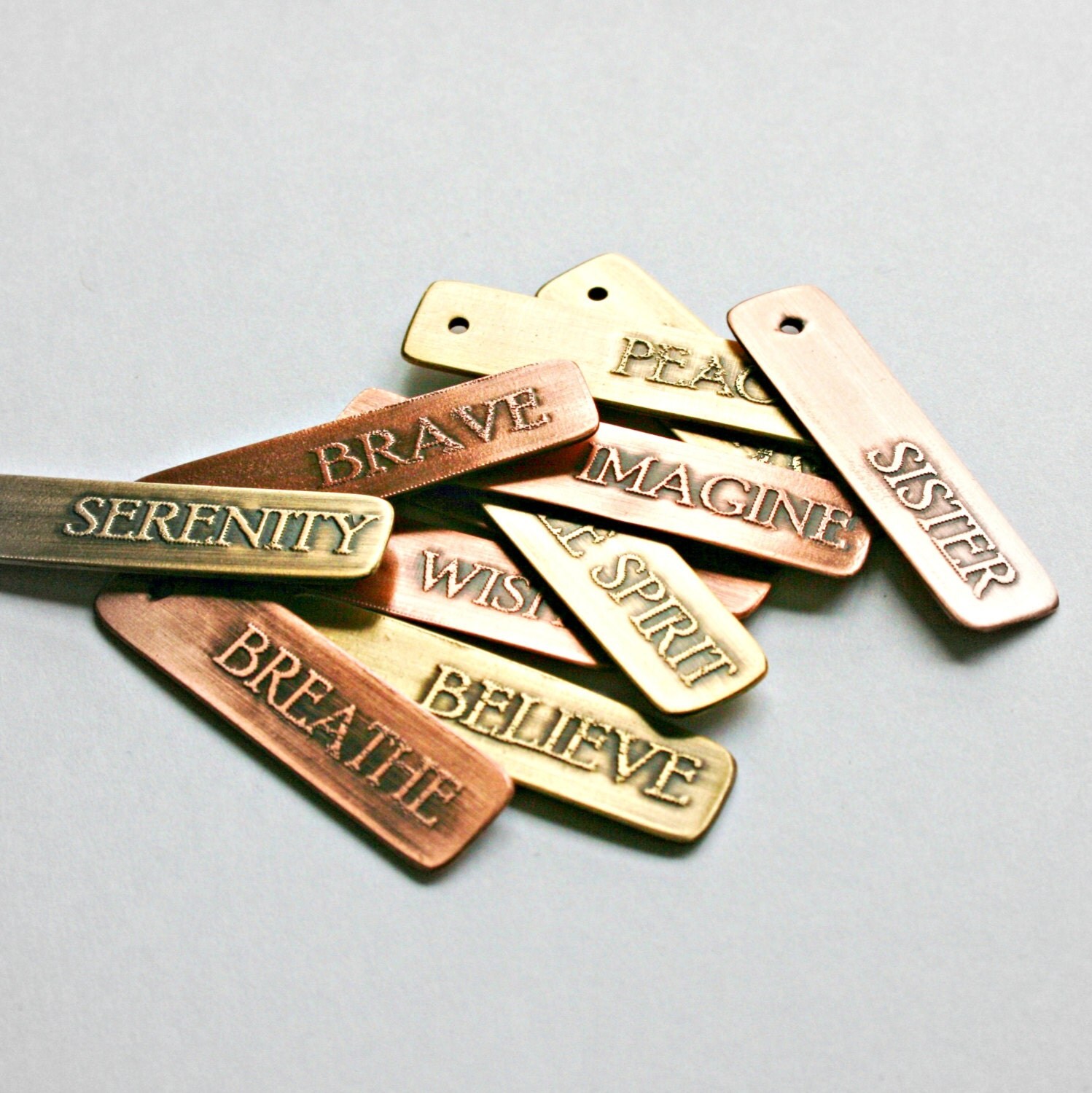 Etched Small Word Tags Copper and Brass by hardweardesigns on Etsy
