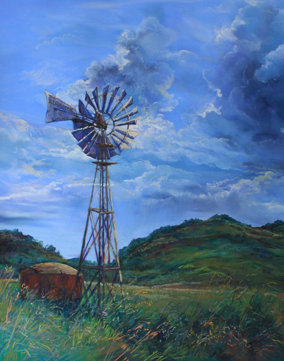 Windmill in Texas Storm landscape painting unique hand