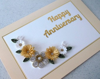 Quilled anniversary card, handmade, gold, white flowers