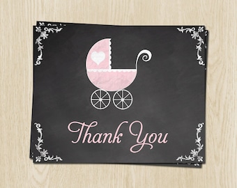 Chalkboard, Baby Shower Thank You Cards, Carriage, Girl, Pink, 24 Printed Folding Notes, FREE Shipping, CLKPK, Blackboard, Traditional