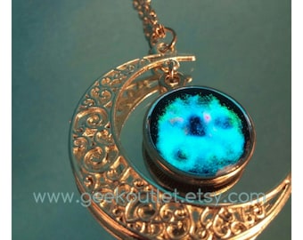 Silver Plated Glow In The Dark Moon and Galaxy Statement Necklace UV