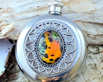 Sunset Moth Wing Hip Flask - Real insect wing on a Stainless Steel 5oz flask