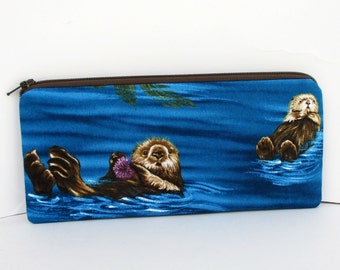 Sea Otter Pencil Pouch, Long Zipper Pouch, Blue Ocean
