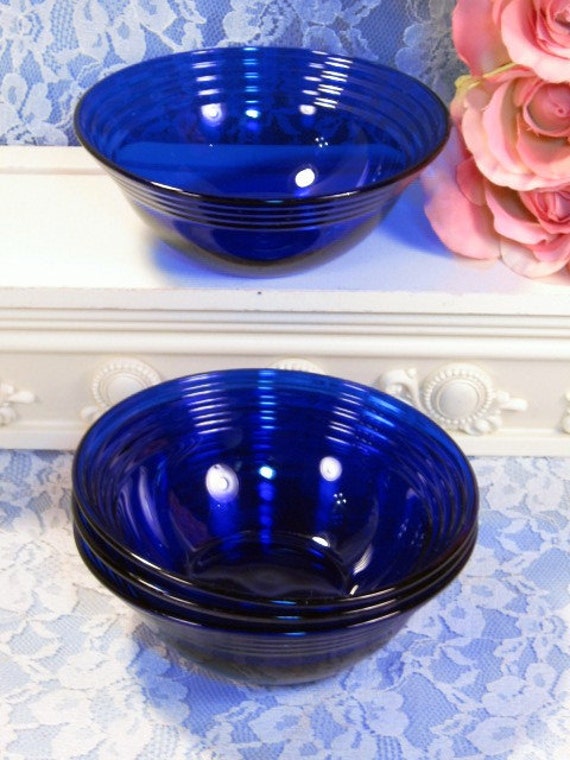 Vintage Pyrex Cobalt Blue Glass Ringed Cereal Bowl Set Of