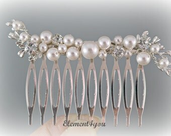 Bridal hair comb, Silver branches, Swarovski ivory or white pearls, Wedding hair piece, Accessories, Rhinestone pearls cluster Bridal hairdo