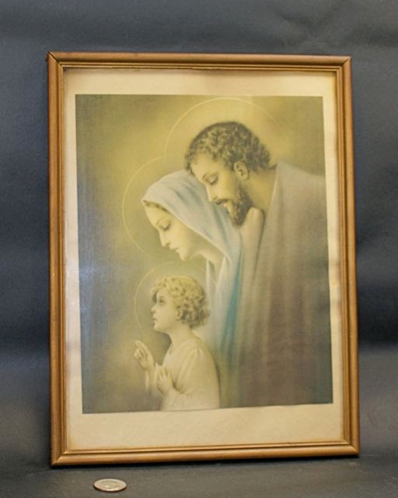 Vintage Holy Family Jesus Mary and Joseph Framed Religious Art