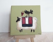Mini Canvas With Easel   Primitive Sheep With Heart  Hand Painted