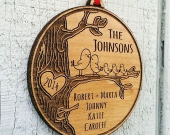 Personalized Family Christmas Ornament Gift Christmas Ornament Personalized Names Date Tree Trunk Love Birds Custom Engraved Wood Holiday