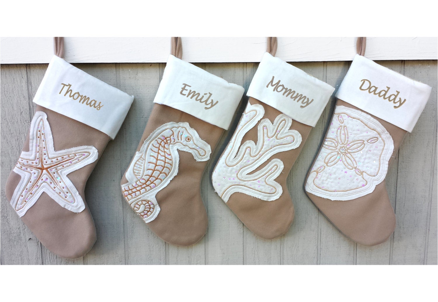 Coastal Beach Christmas Stockings Seahorse Coral Starfish Sand