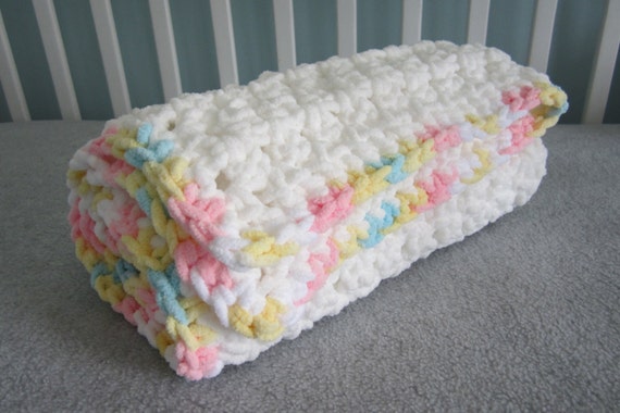 Chunky chenille crochet Stroller Car Seat Baby Blanket white