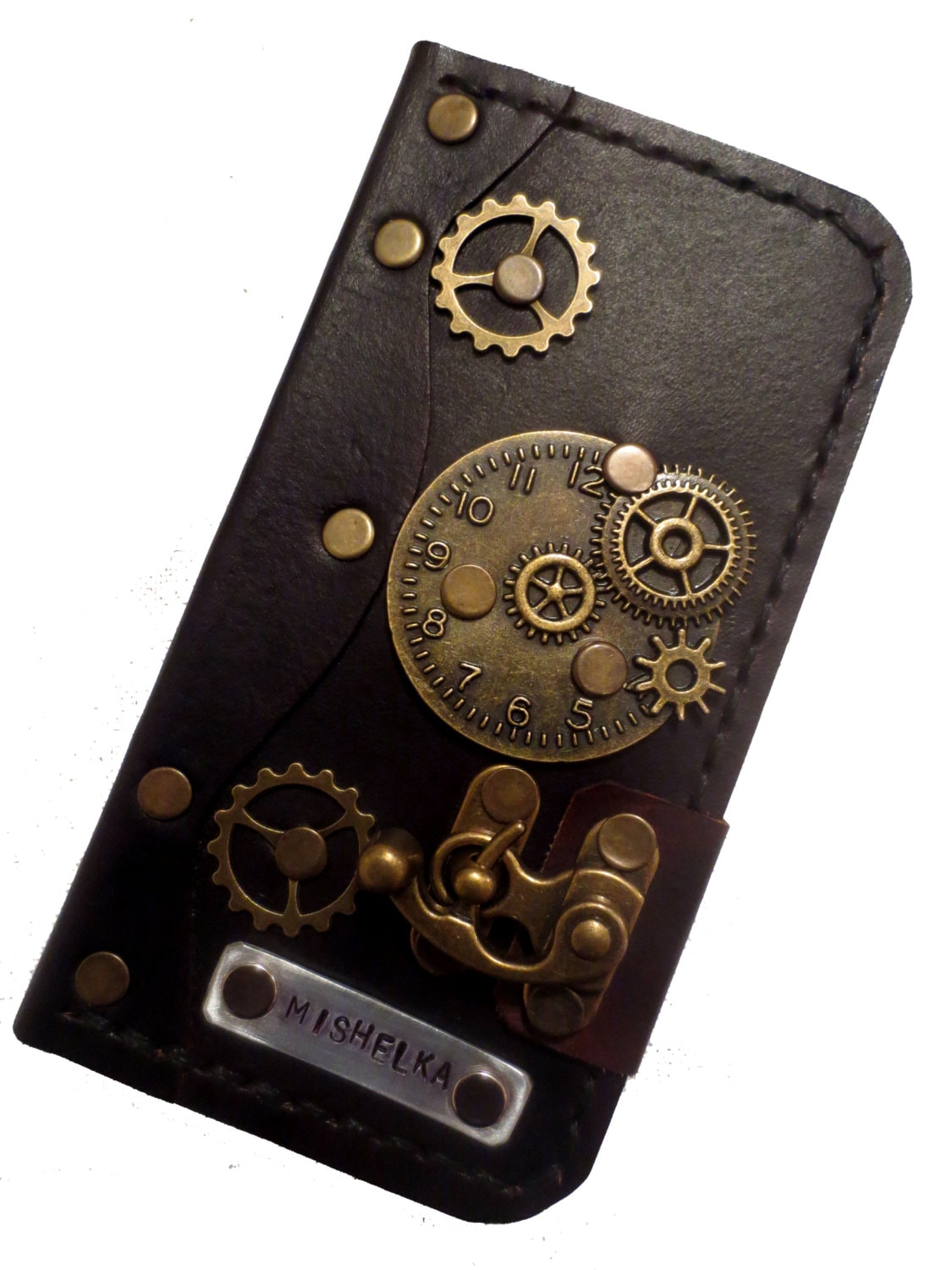 Personalised hand stitched stamped victorian steampunk clock gears pendant dark brown leather iPhone 6 mobile case cover holder book style