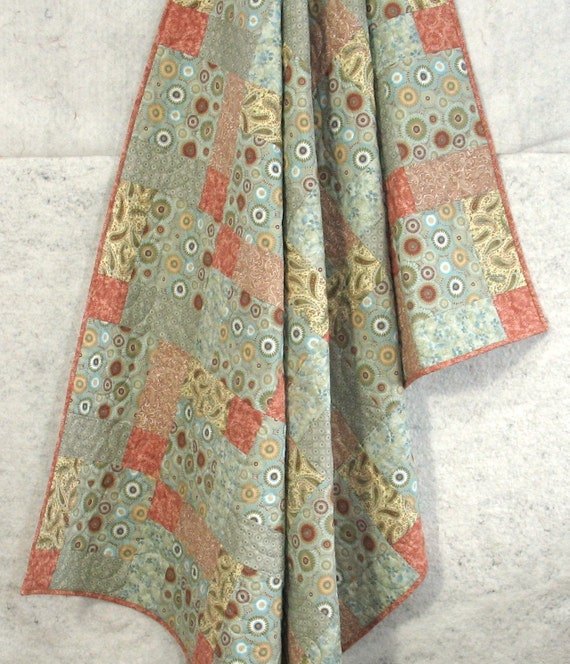 Muted Green and Rust Tones 56 x 74 Throwsize Quilt by fabric406