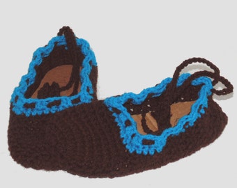 Brown and Bright Teal Crochet Slippers, Adult Slippers, Woman's Slippers, Ladies Slippers, Spa Slippers, Bridesmaids Slippers, Size 8 Shoes