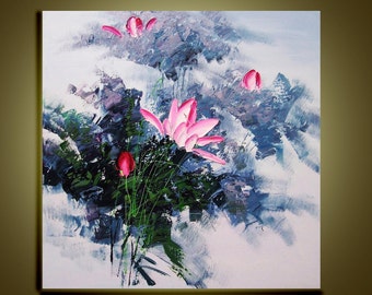 Original Oil Painting Abstract Modern Palette Knife Floral fine art on Canvas Lovely lotus Ready to Hang by Qujun 28" by 28"