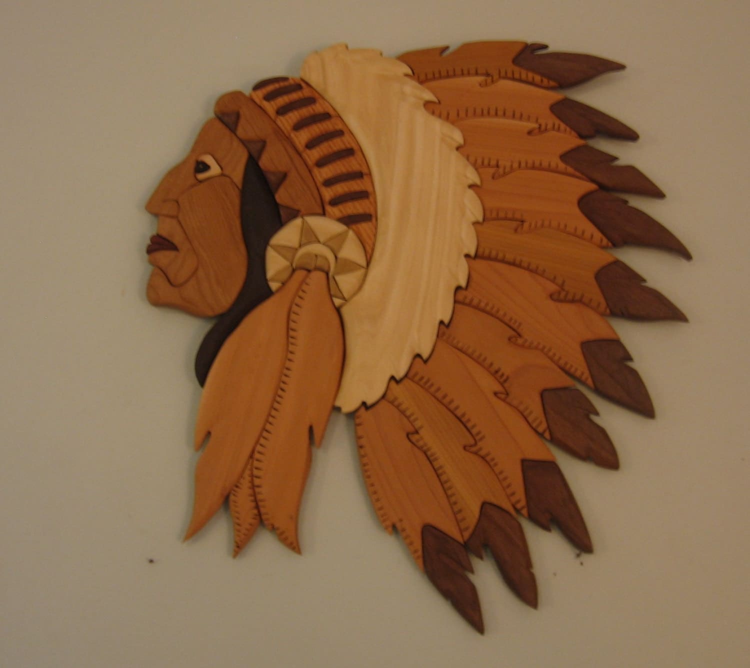 Indian Head handmade intarsia wood art wall hanging by kitswoodart