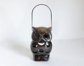 Vintage 1970's Brown Glazed Terra Cotta Hanging Owl Candle Holder Luminary