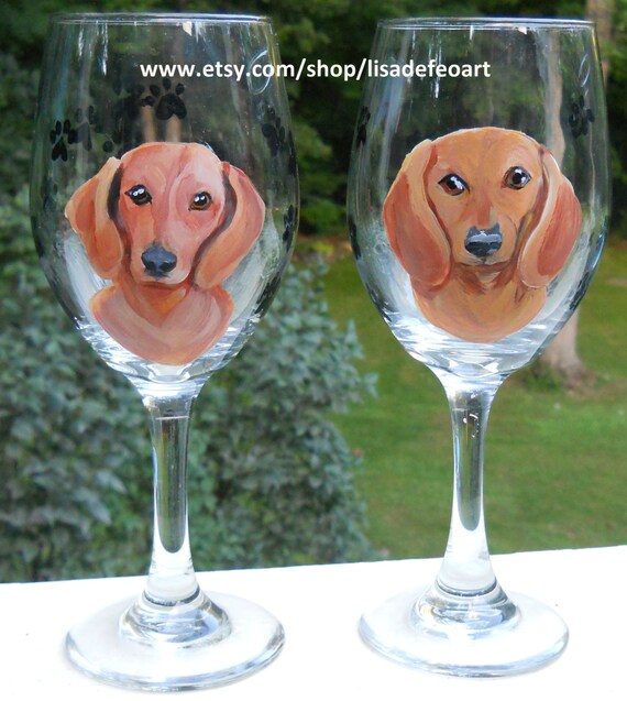 Custom Dachshund Pair Hand Painted Wine Glass by LisaDeFeoArt