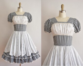 vintage 1950s dress / cotton gingham dress / 50s full skirt dress