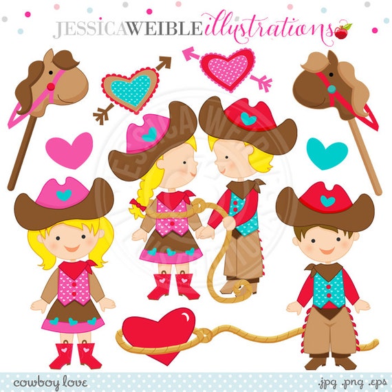 Cowboy Love Cute Digital Clipart - Commercial Use OK - Valentine Cowboy Clipart, Valentine Clipart, Valentine Cowgirl Il_570xn