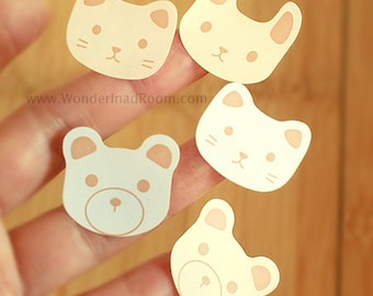 24 Rabbit / Cat / Bear Face Stickers - White & Beige (1 x 1in)