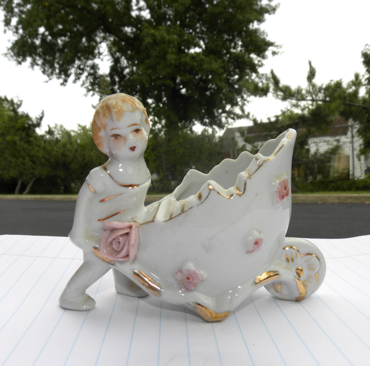 Vintage Porcelain Girl Planter Figurine with Wheelbarrel Girl