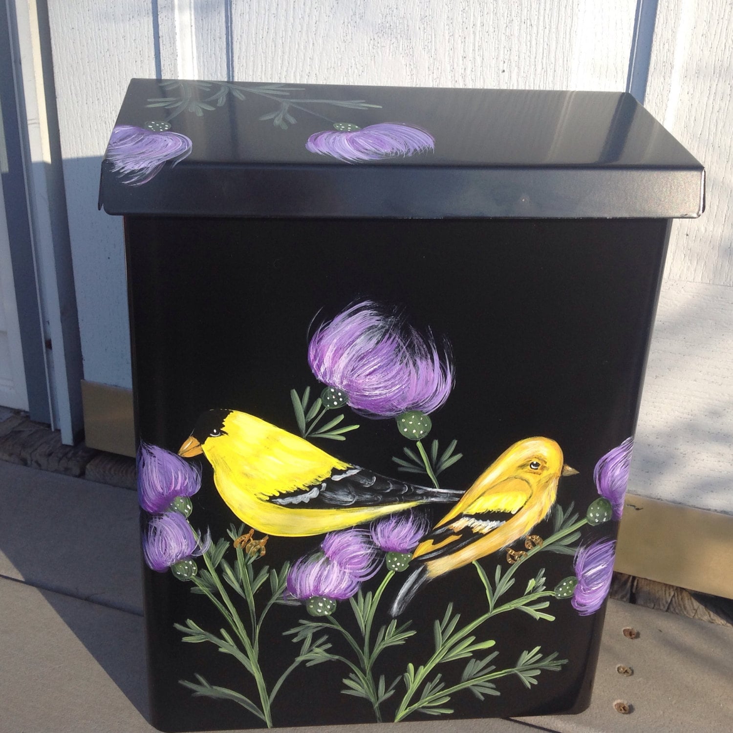 HAND painted wall mount MAILBOX Goldfinches Thistle UV