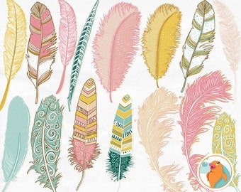 Aztec Feather ClipArt, Hand Drawn Tribal Clip Art, Girl Graphics, Pink, Teal & Yellow Feather Silhouette, DIY Trendy Digital Image