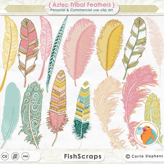 Aztec Feather ClipArt, Hand Drawn Tribal Clip Art, Girl Graphics, Pink, Teal & Yellow Feather Silhouette, DIY Trendy Digital Image Il_570xn