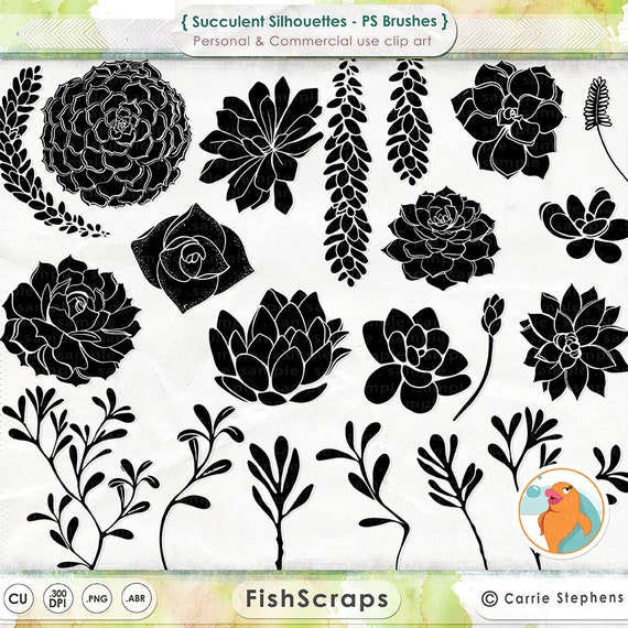 Succulent ClipArt Silhouettes + Photoshop Brush, Hens & Chicks, Plant Clip Art, Wedding Invitation DIY Printable Digital Stamps Il_570xn